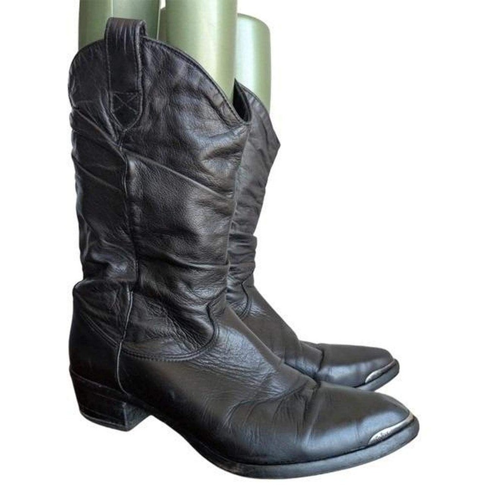 Vintage Zodiac 12 Black Leather Boots Western Pull On Low Heel 80s Scrunch Shaft